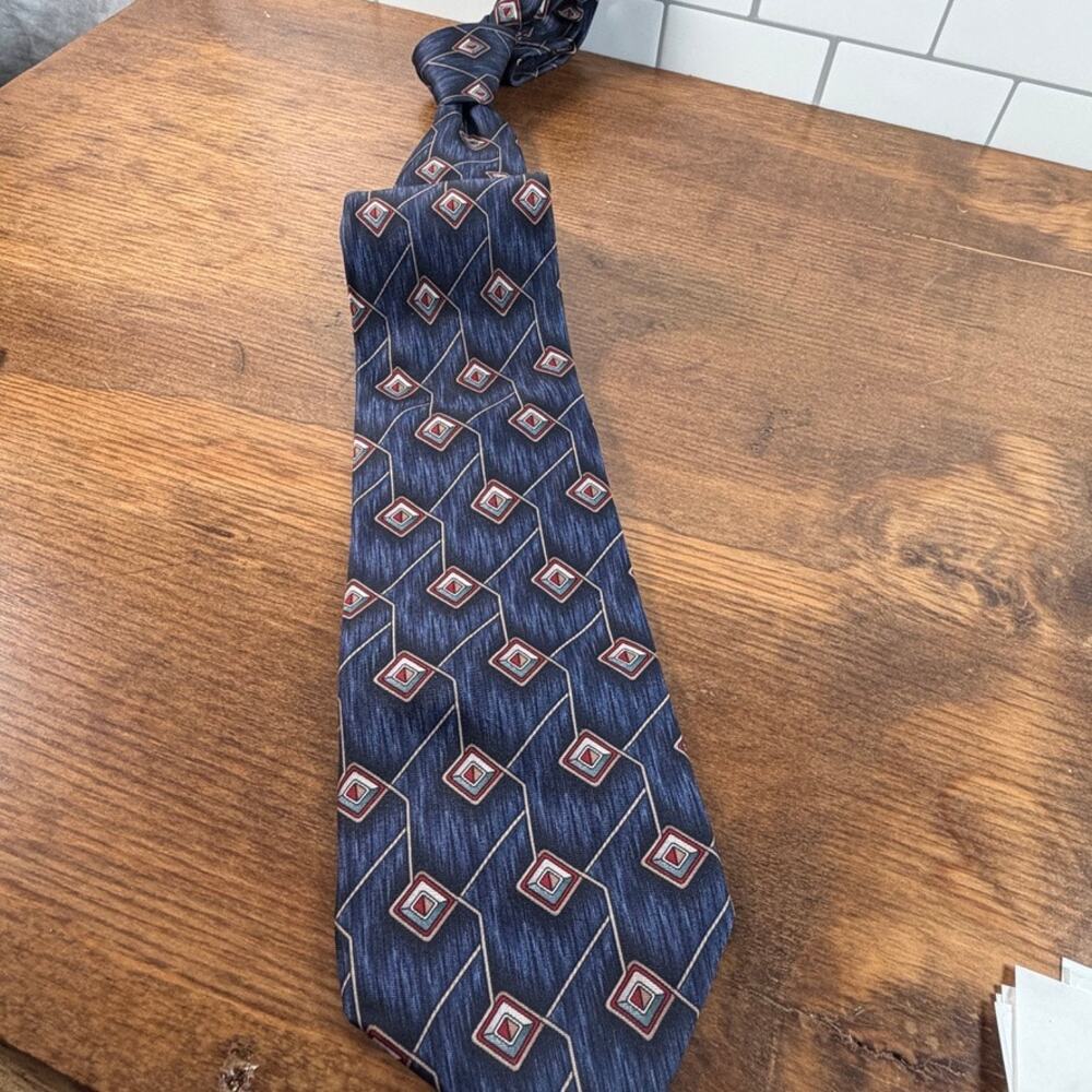 Vintage L'Atelier Slate Blue Geometric Diamond Silk Blend Necktie